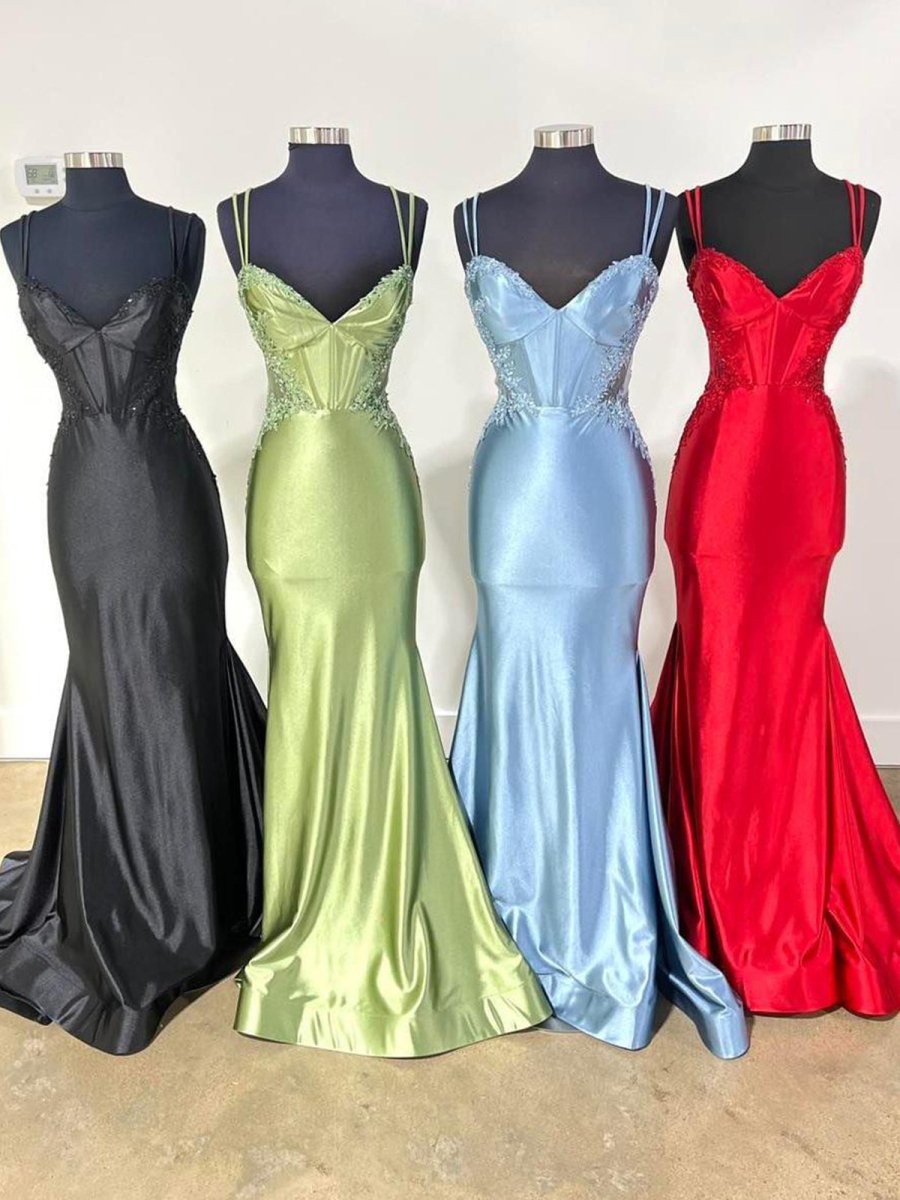 Double Straps Appliques Mermaid Satin Prom Dress
