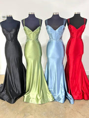 Double Straps Appliques Mermaid Satin Prom Dress