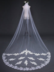 Simple One Tier White Cathedral Veils with Lace Train
