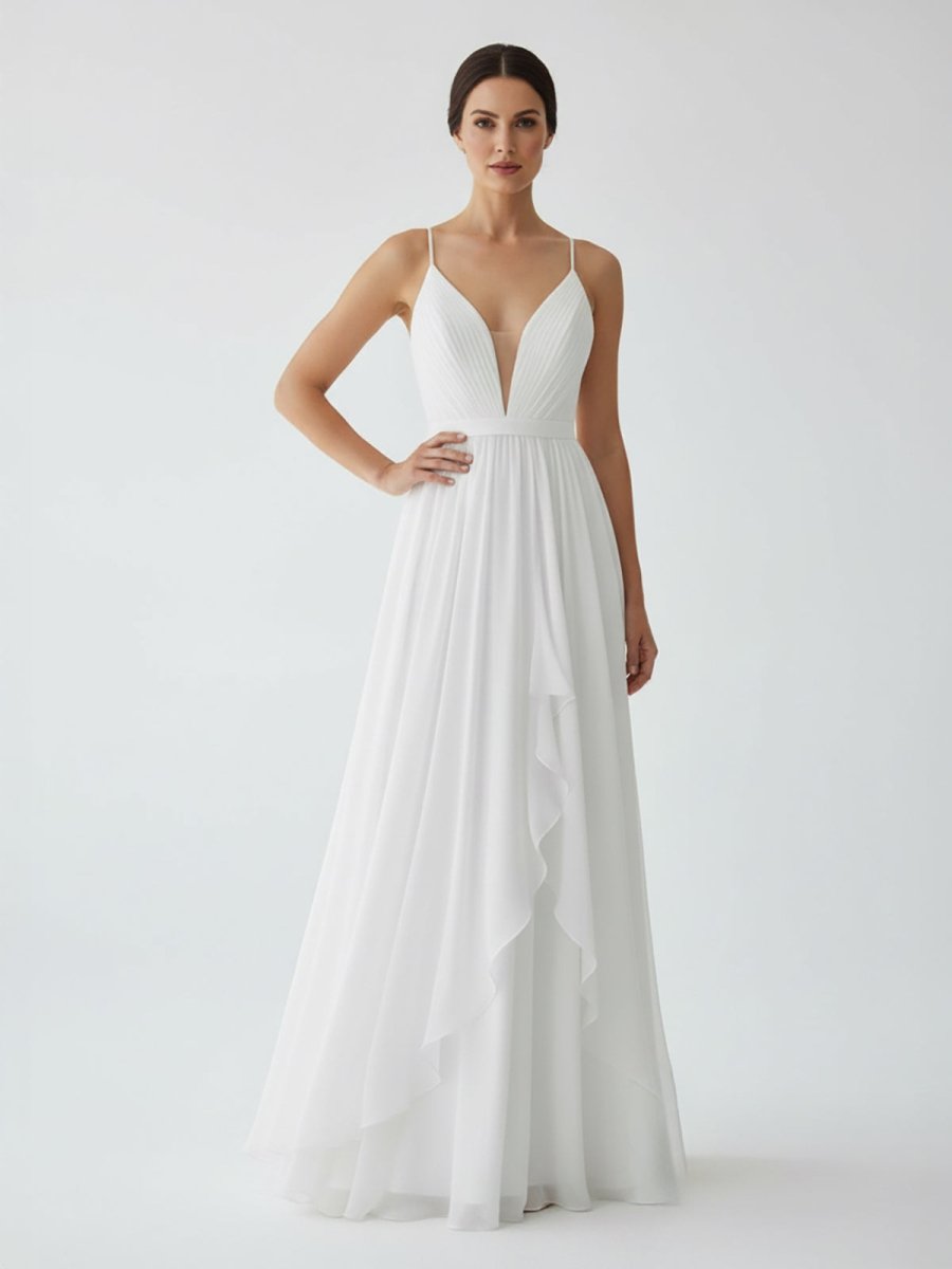 A-Line V Neck Straps Spaghetti Sheath Chiffon Wedding Dress