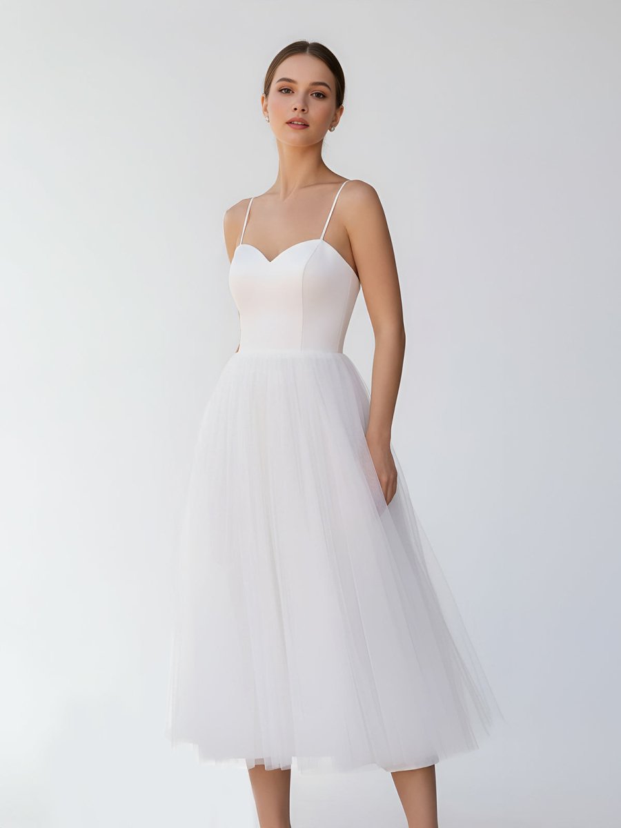 A-Line Spaghetti Straps White Satin Tulle Tea-Length Wedding Dresses