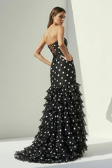 Black Strapless Sheath Polka Dots Chiffon Ruffled Prom Dresses With Bow