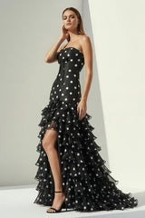 Black Strapless Sheath Polka Dots Chiffon Ruffled Prom Dresses With Bow