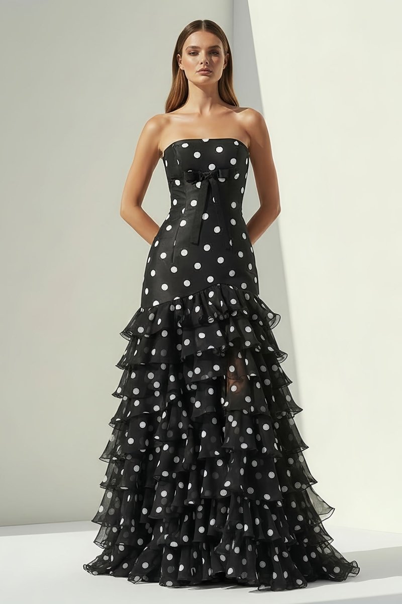 Black Strapless Sheath Polka Dots Chiffon Ruffled Prom Dresses With Bow