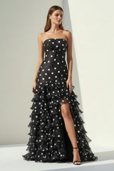 Black Strapless Sheath Polka Dots Chiffon Ruffled Prom Dresses With Bow