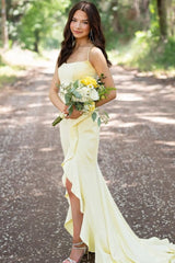 Yellow Spaghetti Straps Mermaid Satin Formal Prom Dress