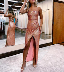 Sheath Spaghetti Straps Sequin Prom Dress With Front Split