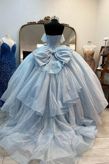 Light Blue Off the Shoulder Tulle Princess Long Corset Quinceanera Dress with Bow