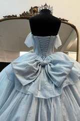 Light Blue Off the Shoulder Tulle Princess Long Corset Quinceanera Dress with Bow