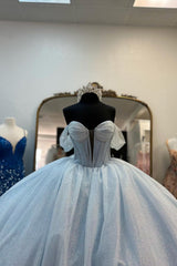 Light Blue Off the Shoulder Tulle Princess Long Corset Quinceanera Dress with Bow
