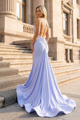 Mermaid V Neck Beaded Satin Prom Dress