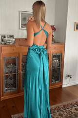 Turquoise - Halter V-Neck Pleated Satin Sleeveless Long Prom Party Dress