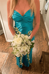 Turquoise - Halter V-Neck Pleated Satin Sleeveless Long Prom Party Dress