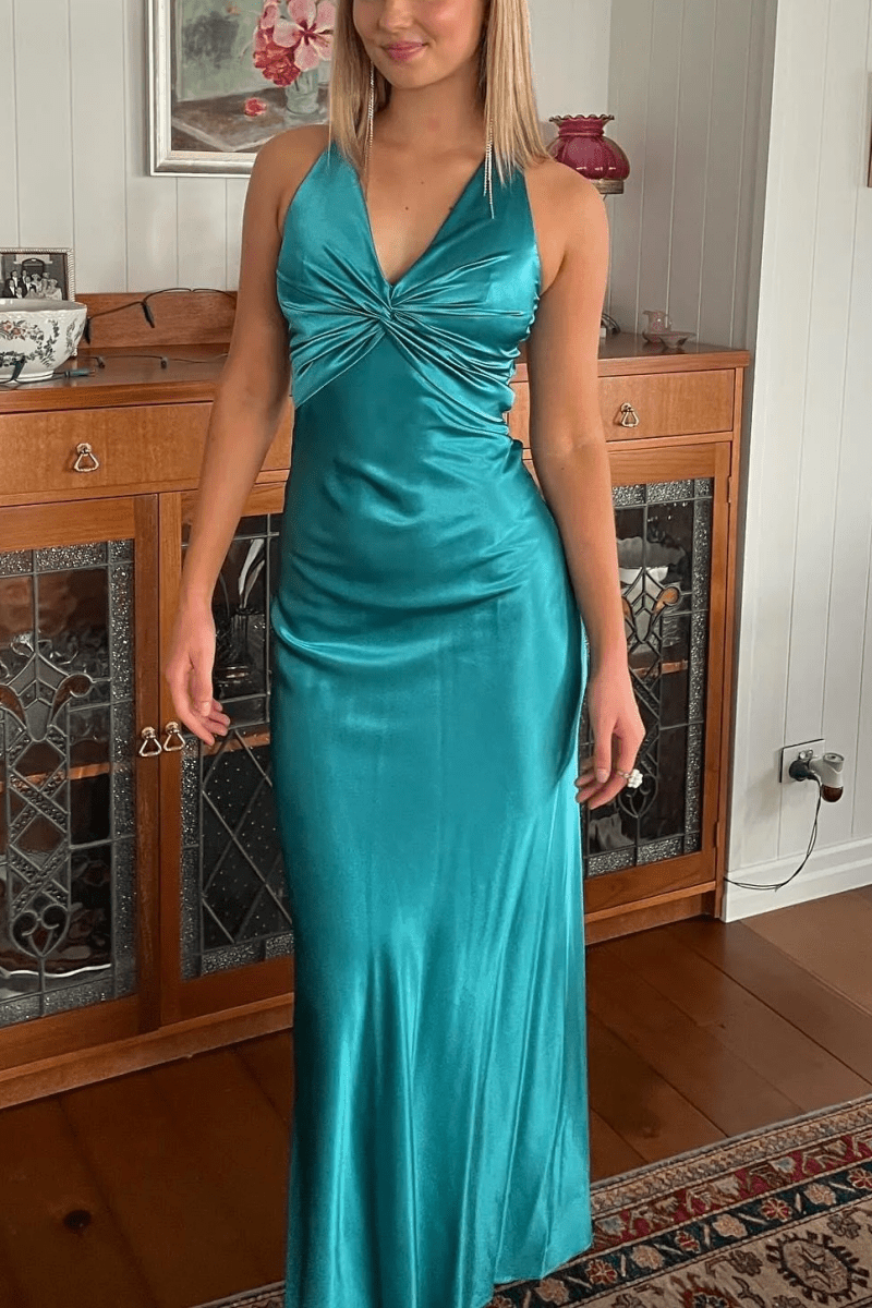 Turquoise - Halter V-Neck Pleated Satin Sleeveless Long Prom Party Dress