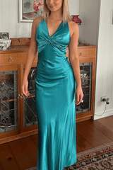Turquoise - Halter V-Neck Pleated Satin Sleeveless Long Prom Party Dress