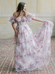 A Line Off The Shoulder Floral Tulle Prom Dress