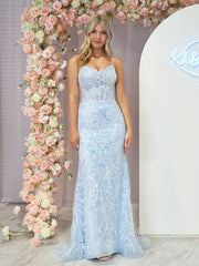 Straps Sky Blue V-Neck Sequin Appliques Mermaid Prom Dress