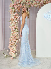Straps Sky Blue V-Neck Sequin Appliques Mermaid Prom Dress