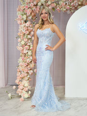 Straps Sky Blue V-Neck Sequin Appliques Mermaid Prom Dress