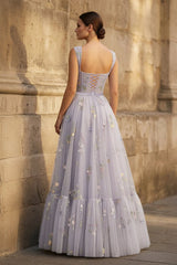 A-line Lilac Tea Length Tulle Prom Dress with Embroidery