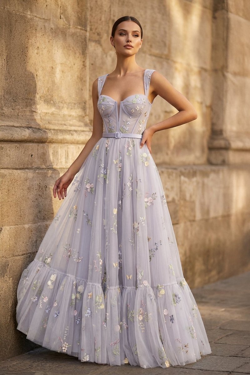 A-line Lilac Tea Length Tulle Prom Dress with Embroidery