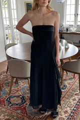 Black - Strapless Sheath Chiffon Ankle Length Prom Dress With Slit