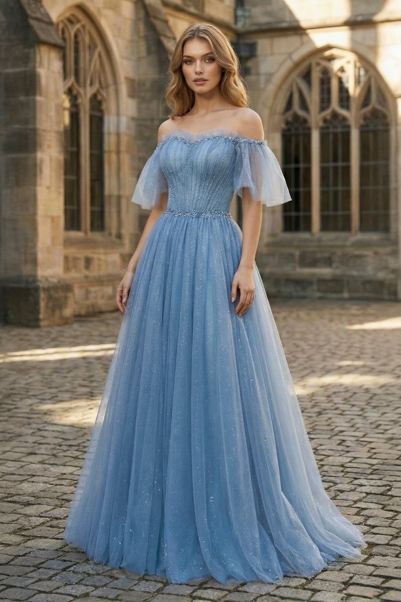 Off The Shoulder Tulle Flare Sleeves Beaded Sequin Prom Dresses Formal Evening Dresses