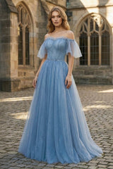 Off The Shoulder Tulle Flare Sleeves Beaded Sequin Prom Dresses Formal Evening Dresses