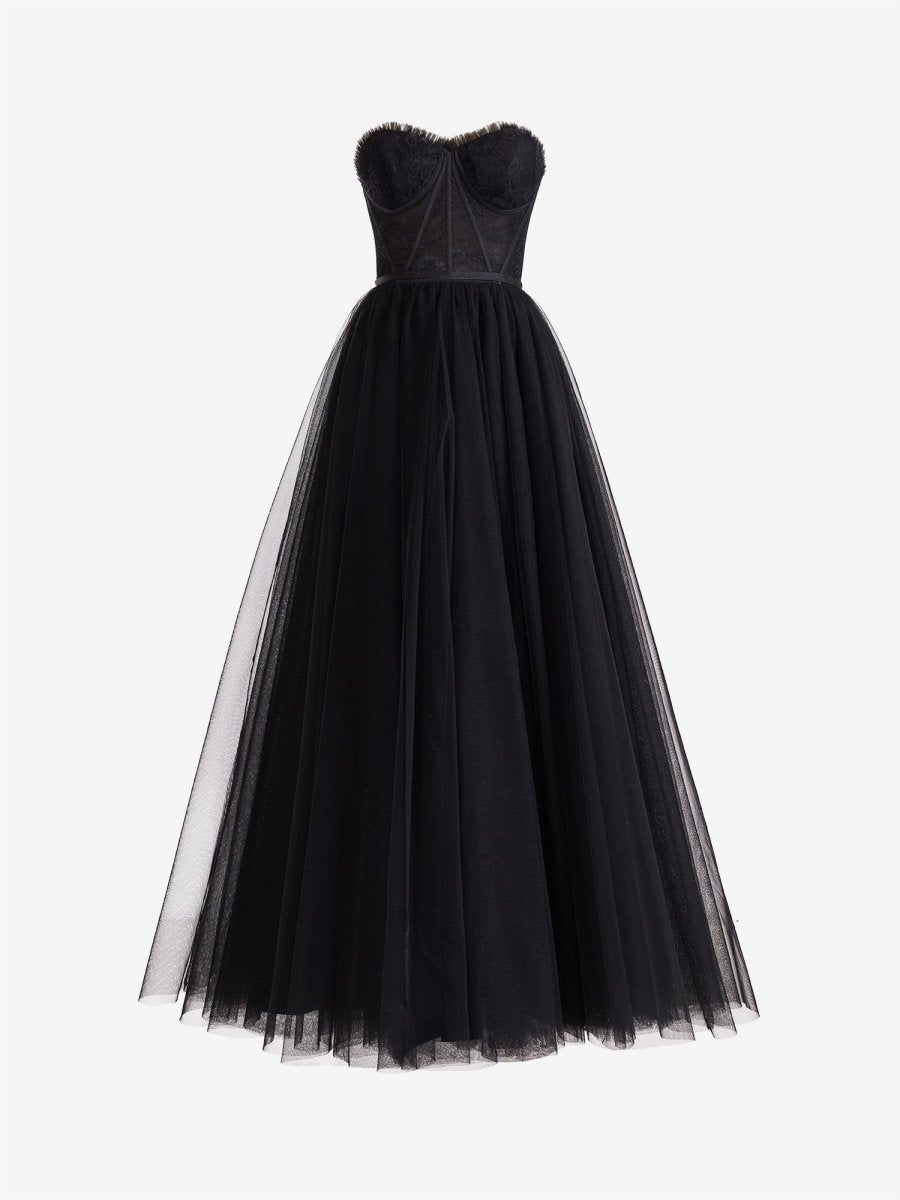 Black A Line Sweetheart Corset Tulle Prom Dress with Slit