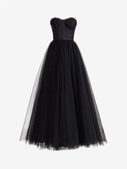 Black A Line Sweetheart Corset Tulle Prom Dress with Slit