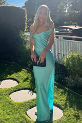Aqua Off The Shoulder Sheath Satin Long Prom Dress