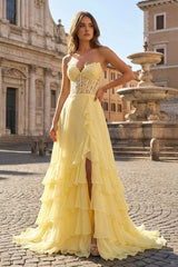 Yellow - Strapless Chiffon Ruffled A Line Long Prom Dresses With Appliques