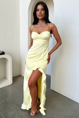 Yellow Sheath Satin Sweetheart Long Prom Dresses with Ruffles