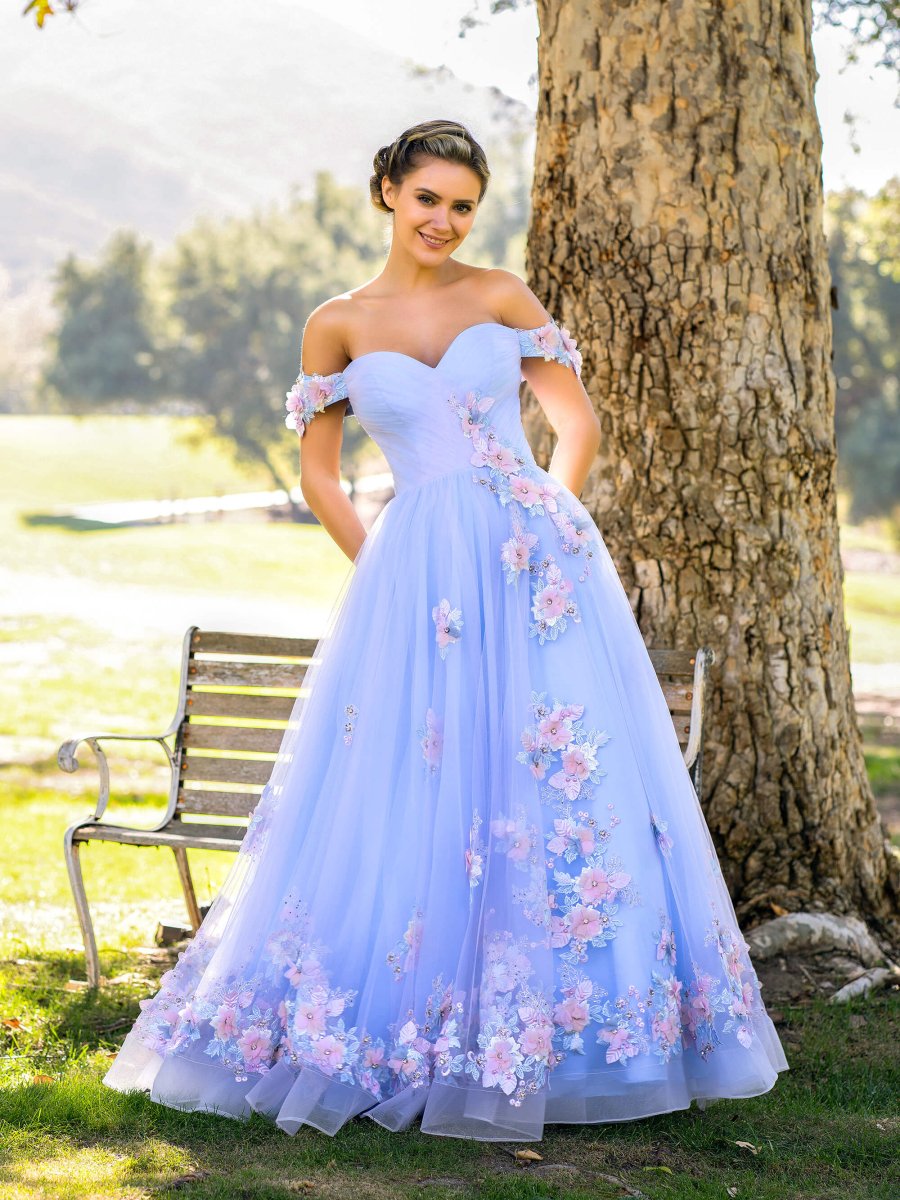 A Line off the shoulder Applique Tulle Floor Length Prom Dress