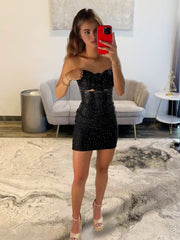 Black - Strapless Bodycon Beaded Cut Out Short Homecoming Dress