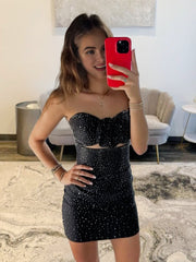 Black - Strapless Bodycon Beaded Cut Out Short Homecoming Dress
