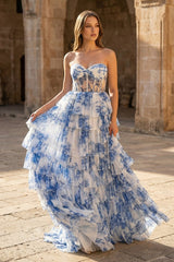 Blue Floral Printed Sweetheart Chiffon Tiered A-Line Long Corset Prom Dress