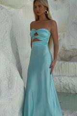 Strapless Aqua Blue Sheath Long Prom Dresses