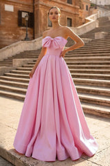 Pink A-Line Strapless Bow Satin Pleated Long Formal Prom Dress