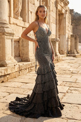 Black V Neck Mermaid Long Prom Dress With Beading