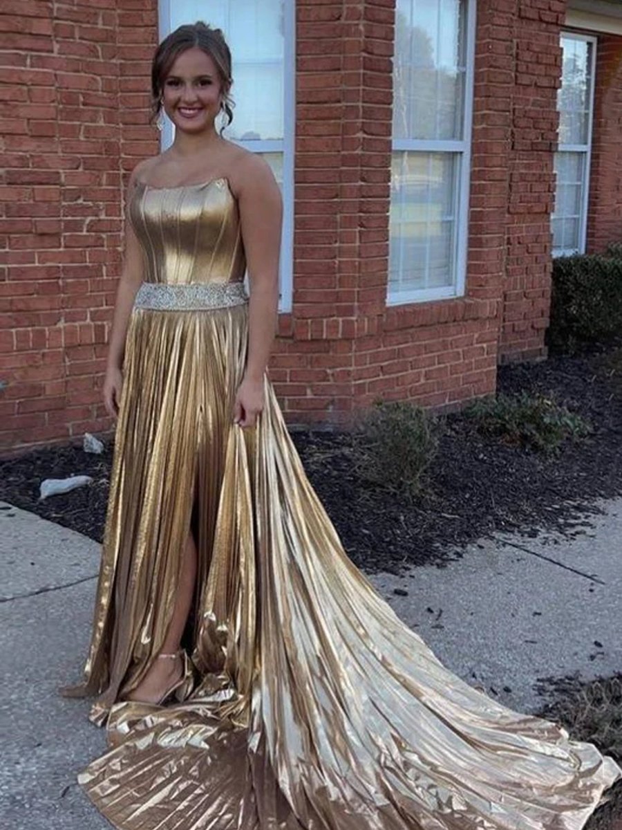 Metallic Gold Strapless Beaded Prom Dress with Slit