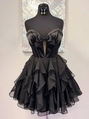 Black - Strapless A Line Chiffon Ruffled Homecoming Dress With Bow