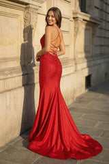 Mermaid V Neck Glitter Satin Prom Dress