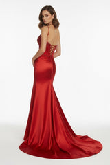 Red Spaghetti Straps Mermaid Satin Sequined Long Formal Prom Dresses With Slit