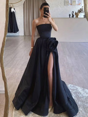 Black Strapless Satin Long Prom Dress With High Split