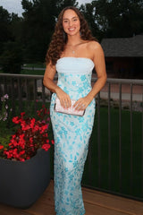 Blue Strapless Sheath Floral Sequins Long Prom Dresses