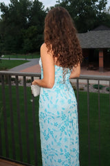 Blue Strapless Sheath Floral Sequins Long Prom Dresses