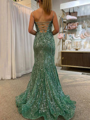 Green Spaghetti Straps Sequins Mermaid Prom Dress with Slit