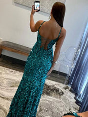Sparkly Sheath V Neck Sequins Long Prom Dresses With Split