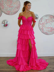 A Line Off-the-Shoulder Satin Tiered Long Prom Dresses With Beads